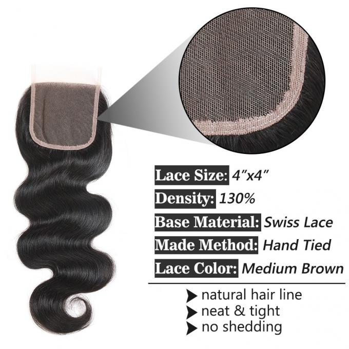 Brasilianische Körper-Wellen-Schweizer Spitze-Schließung 8" bis 20" natürliches schwarzes Farbjungfrau-Haar-Material
